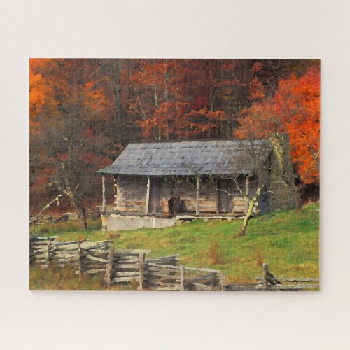 Kentucky Country Cabin Fall Season Watercolor Art Jigsaw Puzzle