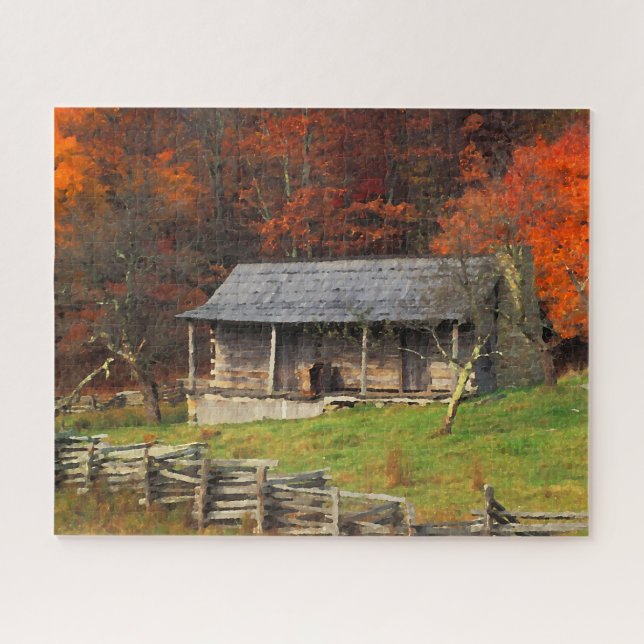 Kentucky Country Cabin Fall Season Watercolor Art Jigsaw Puzzle (Horizontal)