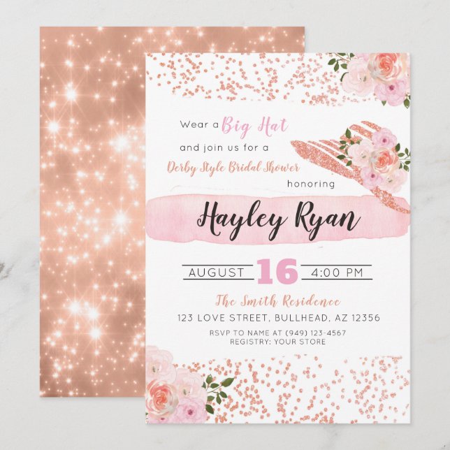 Kentucky Derby Big Hat Rose Gold Bridal Shower Invitation (Front/Back)