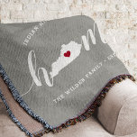 Kentucky Home State Personalized Throw Blanket<br><div class="desc">Show some home state pride with this cute rustic grey throw blanket featuring "home" in white calligraphy script lettering with a silhouette map of the state of Kentucky standing in for the letter "O." A red heart illustration inside the state map completes the design; you can change the position of...</div>