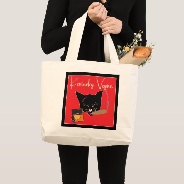 Kentucky Vegan Cat w/Cigar and Whiskey Jumbo Large Tote Bag (Front (Product))