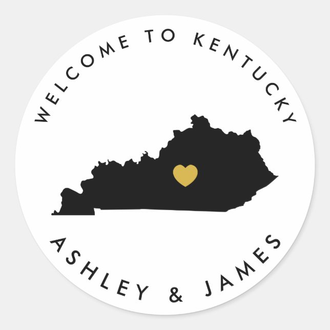 Kentucky Wedding Welcome Sticker Tag, Black, Gold (Front)