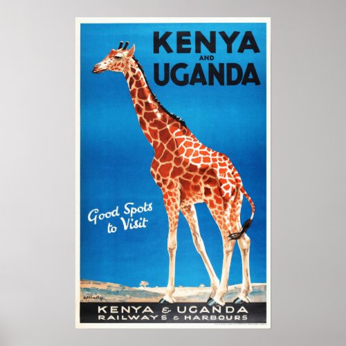 KENYA and UGANDA Safari Animal Old Travel Tourism Poster