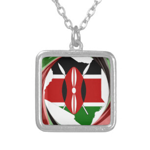 Kenya Celebration Colorful Flag Map Vector Artwork Silver Plated Necklace