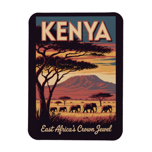 Kenya Elephants Illustration Travel Art Vintage Magnet (Vertical)