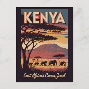 Kenya Elephants Illustration Travel Art Vintage Postcard