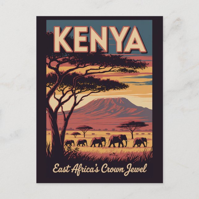 Kenya Elephants Illustration Travel Art Vintage Postcard (Front)