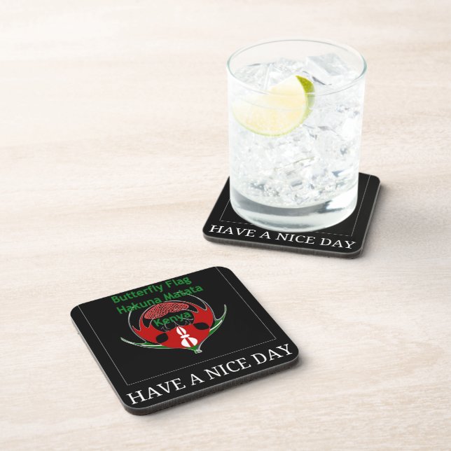 Kenya Flag Butterfly Art: Have a Nice Day | Abstra Beverage Coaster (Right Side)
