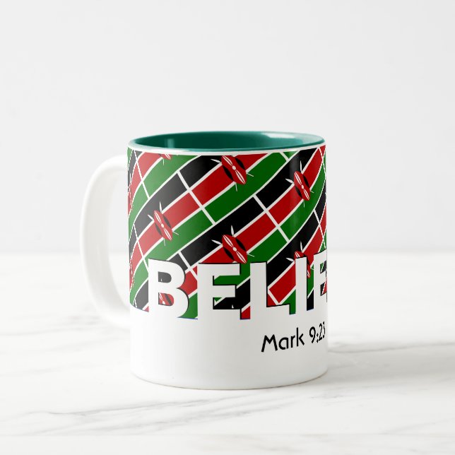 KENYA FLAG Christian BELIEVE Mark 9:23 Custom Two-Tone Coffee Mug (Front Left)