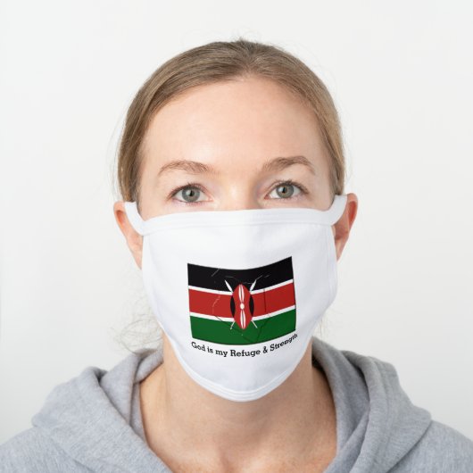 KENYA FLAG MAP Customizable GOD IS MY REFUGE White Cotton Face Mask (Worn)