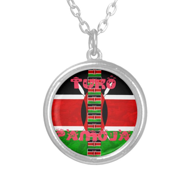 Kenya Flag: Tuko Pamoja - Unity Art Design Silver Plated Necklace (Front)