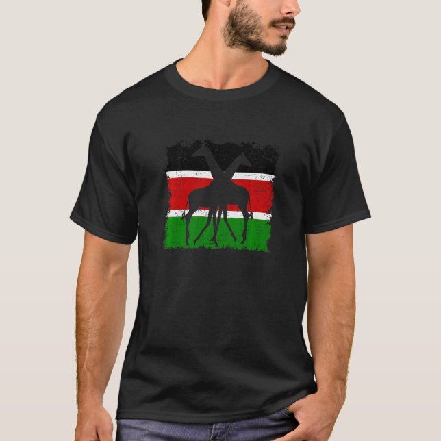 Kenya Flag with Giraffe  T-Shirt (Front)