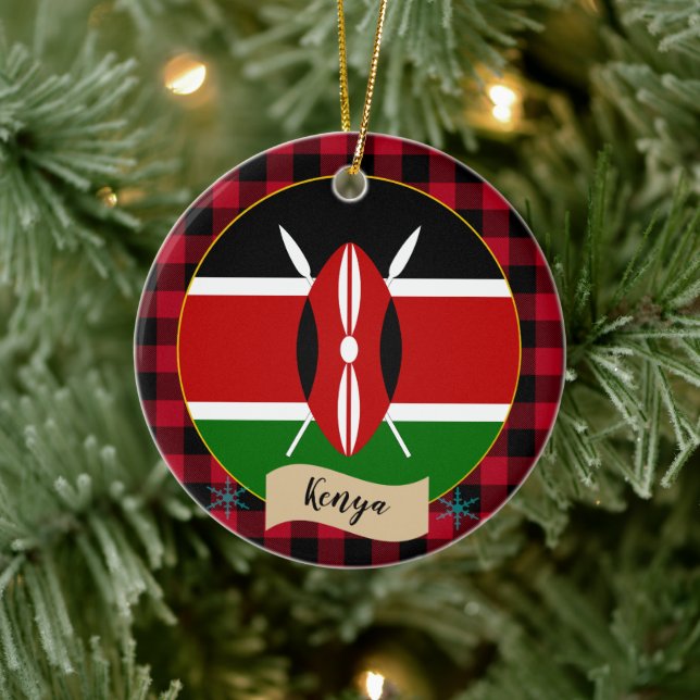 Kenya, Red buffalo plaid & Kenyan Flag Ceramic Ornament (Tree)