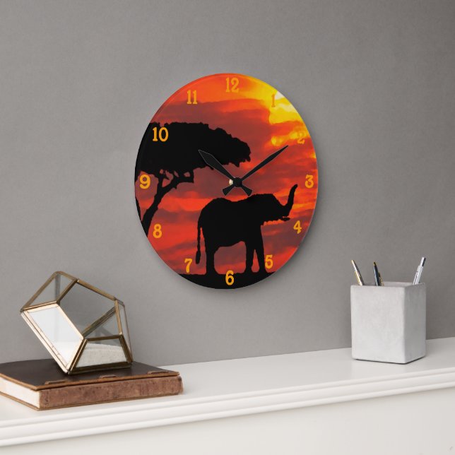 Kenya Safari Elephant Wildlife Sunset Watercolor Large Clock (Office)