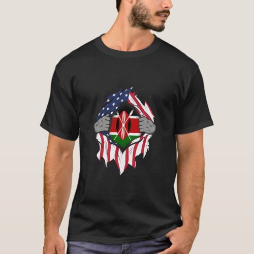 Kenyan American Flags Hands Ripping Flag on Chest  T_Shirt