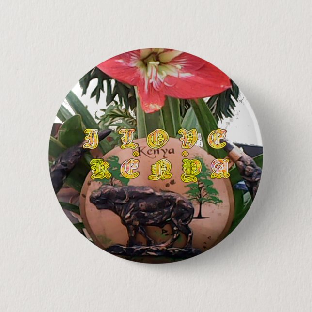 Kenyan Beauty: Flower, Aloe Vera, & Buffalo Design Pinback Button (Front)