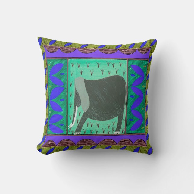 Kenyan Elephant Blue Throw Pillow (Front)