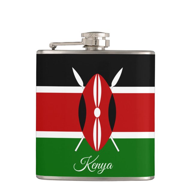 Kenyan Flag & Heart, travel Kenya /sports fans Flask (Front)