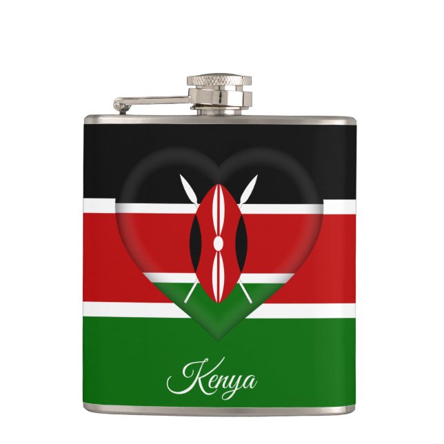 Kenyan Flag & Heart, travel Kenya /sports fans Flask (Front)