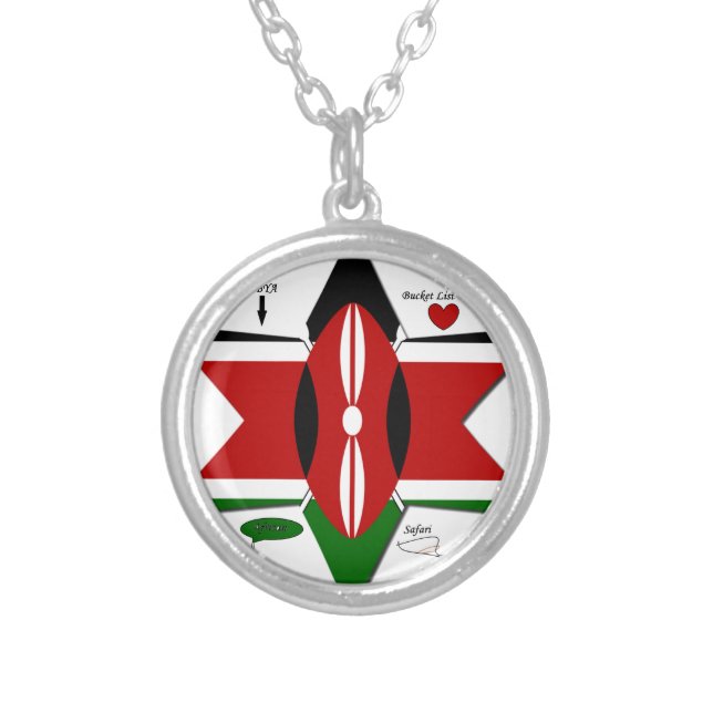 Kenyan Flag Safari Design: Bucket List Silver Plated Necklace (Front)
