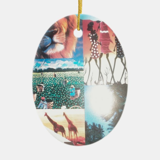 Kenyan Tapestry: Wildlife, Culture,& Coastal Beach Ceramic Ornament (Front)