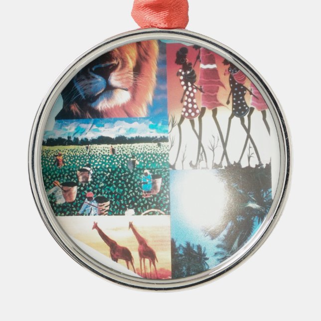 Kenyan Tapestry: Wildlife, Culture,& Coastal Beach Metal Ornament (Front)