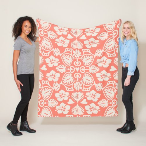 Keoni Hawaiian Monstera Leaf Damask Coral Fleece Blanket