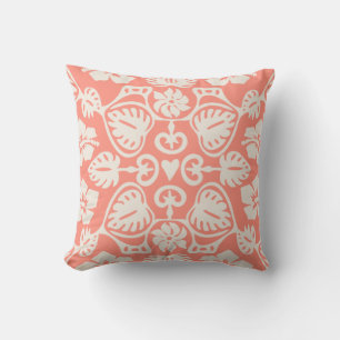 Keoni Hawaiian Monstera Leaf Damask Coral Outdoor Pillow