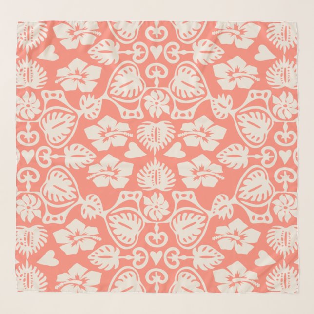 Keoni Hawaiian Monstera Leaf Damask Coral Scarf (Front)