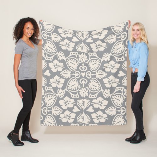 Keoni Hawaiian Monstera Leaf Damask Gray Fleece Blanket