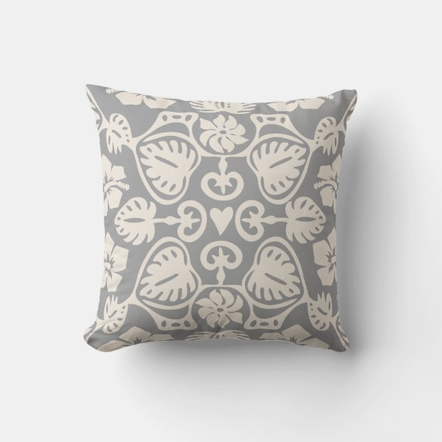 Keoni Hawaiian Monstera Leaf Damask Gray Outdoor Pillow (Front)
