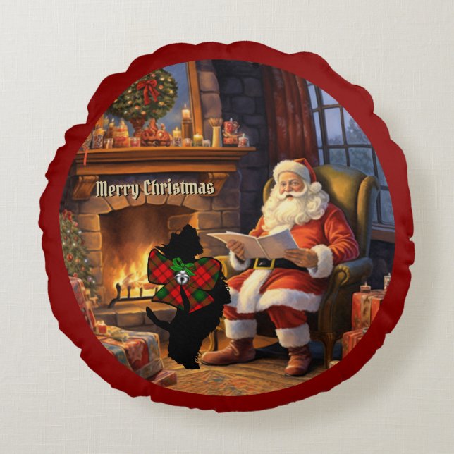 Kerr Scottie Dog & Santa Personalized Xmas Round Pillow (Front)