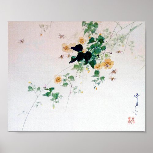 Kerria Japonica Blossom and Bee Watanabe Seitei Poster