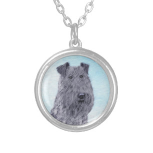 Kerry Blue Terrier Painting Cute Original Dog Art Silver Plated Necklace
