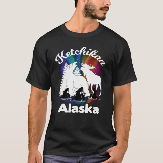 Ketchikan Alaska Aurora Borealis Bear Moose Orca S T-Shirt (Front)