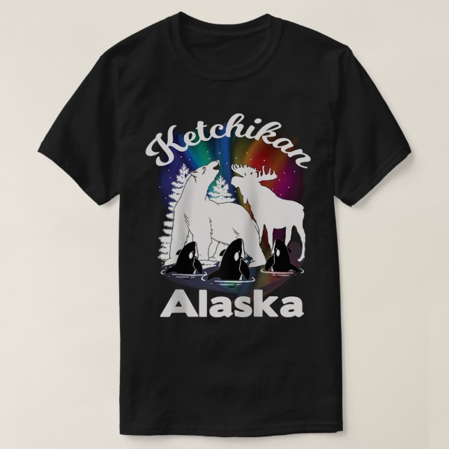 Ketchikan Alaska Aurora Borealis Bear Moose Orca S T-Shirt (Design Front)