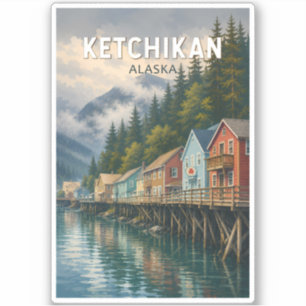 Ketchikan Alaska Illustration Travel Art Vintage Sticker