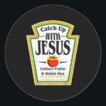Ketchup Up With Jesus Funny Christian Pun Religiou Classic Round Sticker<br><div class="desc">Ketchup Up With Jesus Funny Christian Pun Religious Costume</div>