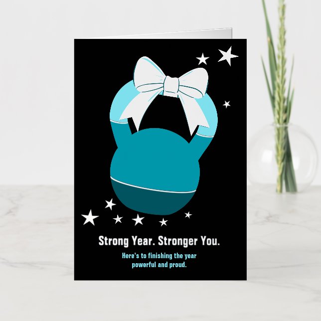 Kettlebell Stronger Year Stronger You Blue Black Foil Greeting Card (Front)