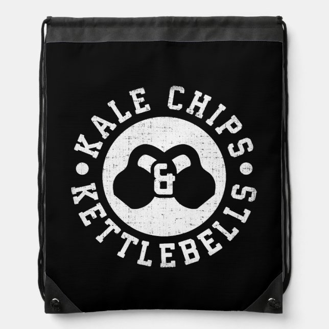 Kettlebells and Kale Chips - Funny Novelty Workout Drawstring Bag (Front)