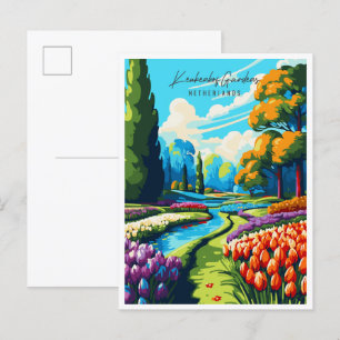 Keukenhof Gardens vintage travel illustration Postcard