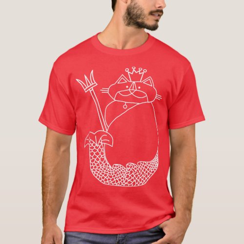 Kevin the Cat Mermaid King White Line Drawing T_Shirt