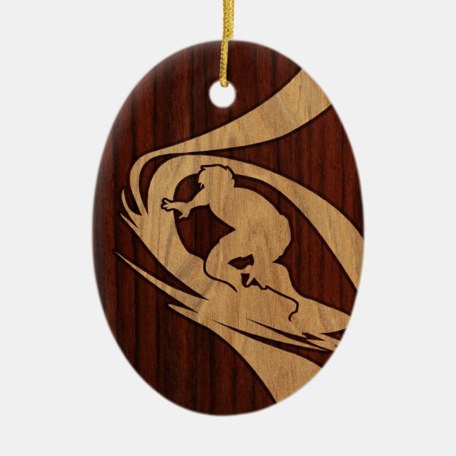 Kewalos Hawaiian Surfer Faux Wood Ceramic Ornament (Front)