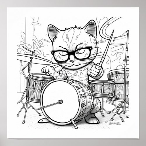 Kewl Jazzy Cat with sunglasses playing drums Poster
