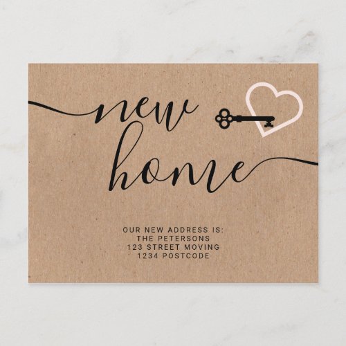 Key blush pink kraft new home heart moving announcement postcard