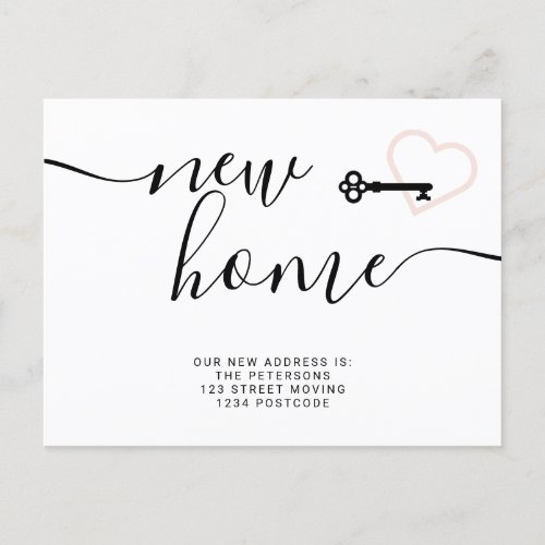 Key blush pink minimal new home heart moving announcement postcard