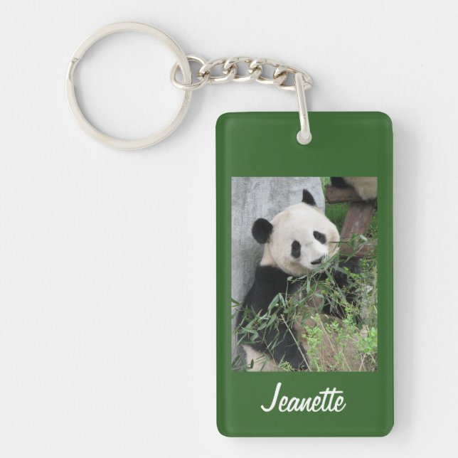 Key chain, Rectangular Cute Panda on Green, Name, Keychain (Front)
