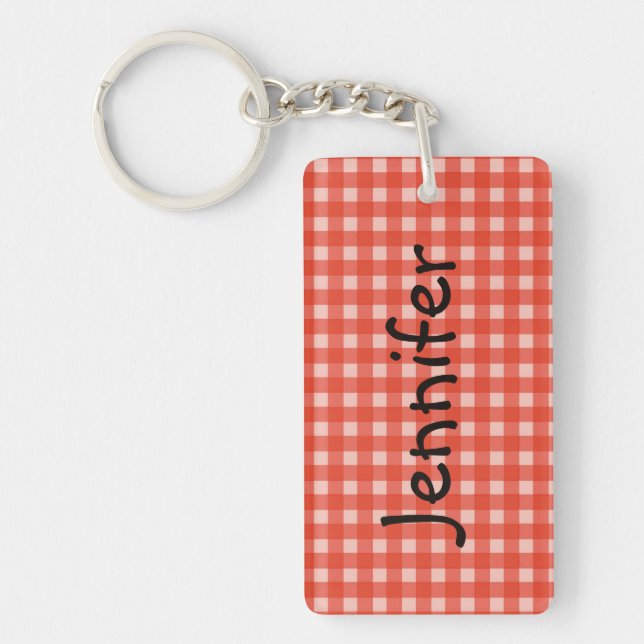 Key chain, Rectangular Red and White Check Keychain (Front)