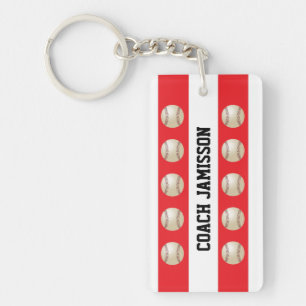 Key chain, Red White, Baseball Coach Player, Name, Keychain