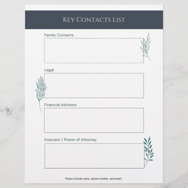Key Contacts List Info Sheet (Front)